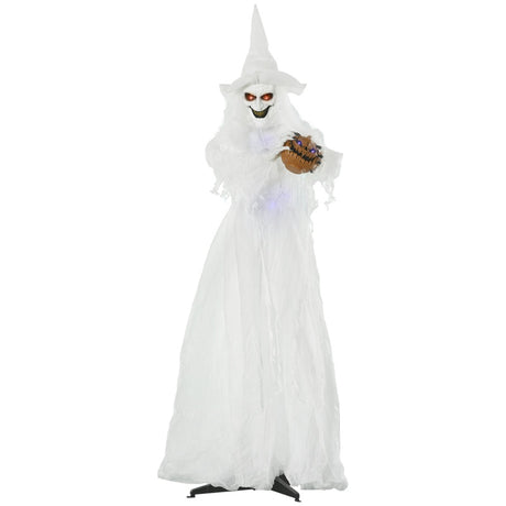 Outsunny 74 Inch Halloween Decorations White Witch Holding Pumpkin Head, Standing Skeleton Ghost Prop Life Size with Light Up Eyes and Body