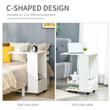 HOMCOM Mobile Sofa Side Table C-Shape End Table with Storage and Casters for Laptop Coffee Snack, White