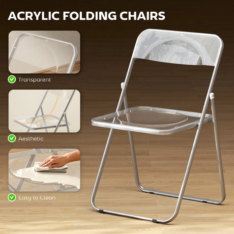 HOMCOM Foldable Chairs, Folding Chairs with Transparent Seat and Backrest, Heavy Duty Steel Frame, 47W x 48D x 75H cm, Clear