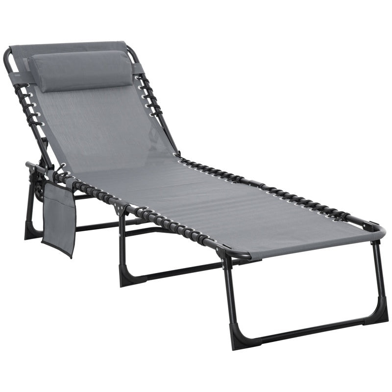 Outsunny Portable Sun Lounger, Folding Camping Bed Cot, Reclining Lounge Chair 5-position Adjustable Backrest with Side Pocket, Pillow for Patio Garden Beach Pool, Grey