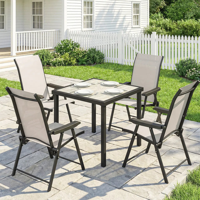 Outsunny 5 Pieces Outdoor Dining Set, Garden Dining Set for 4 with Square Table and Folding Chairs, Brown