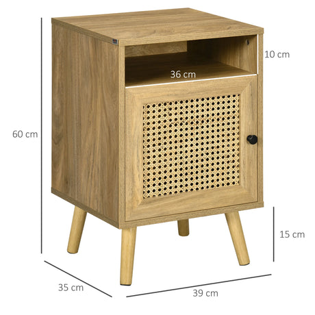 HOMCOM Bedside Table with Rattan Element, Side End Table with Shelf and Cupboard, 39cmx35cmx60cm, Set of 2, Natural