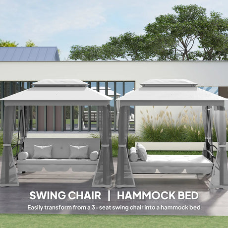 Outsunny 3 Seater Convertible Swing Chair, Outdoor Gazebo Swing Seat Bed with Double Tier Canopy, Cushioned Seat, Mesh Sidewalls, Light Grey