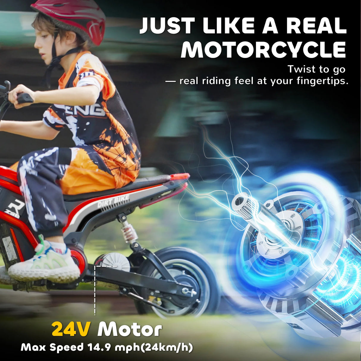 HOMCOM 24V Electric Motorbike with Twist Grip Throttle, Music, Horn, 12" Pneumatic Tyres, 16km/h Max Speed - Red