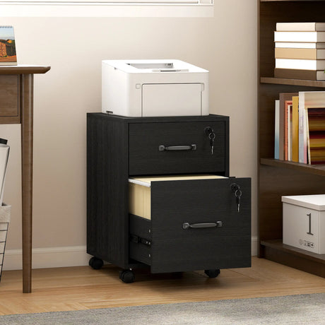 HOMCOM Rolling File Cabinet with 2 Drawers, Mobile Filing Cabinet with Hanging File Folder for Letter Sized Documents, Black