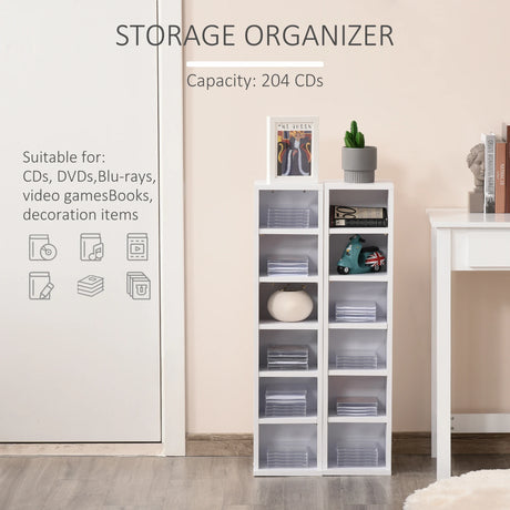 HOMCOM 204 CD Media Display Shelf Unit Set of 2 Blu-Ray Tower Rack w/ Adjustable Shelves Bookcase Storage Organiser, White