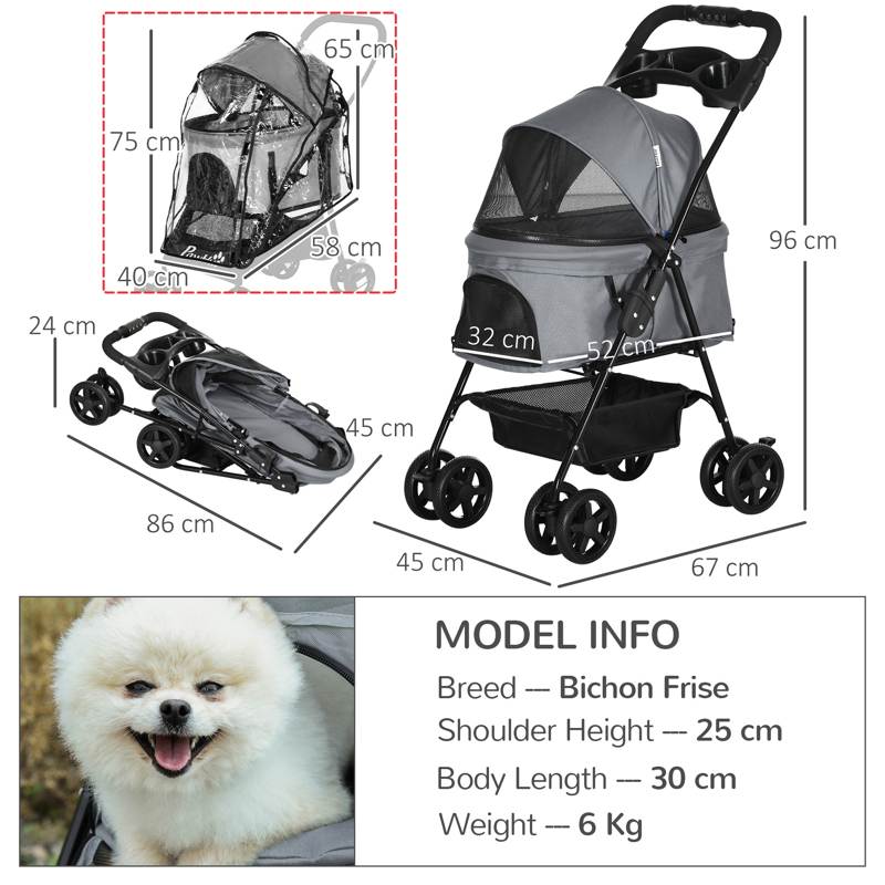 PawHut Dog Stroller with Rain Cover, Dog Pushchair One-Click Fold Trolley Jogger with EVA Wheels Brake Basket Adjustable Canopy Safety Leash for Small Dogs, Grey