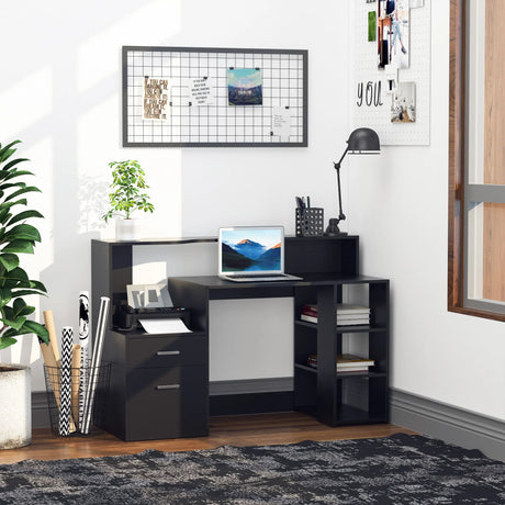 HOMCOM Computer Desk with Drawers and Storage Shelves, Office Desk Writing Table with Printer Stand, Large Workstation for Study Play Work Home Office, 137 x 55 x 92cm, Black