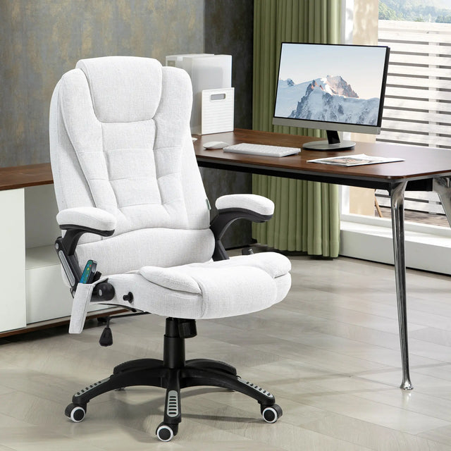 Vinsetto Massage Recliner Chair Heated Office Chair with Six Massage Points Linen-Feel Fabric 360 Swivel Wheels Cream White