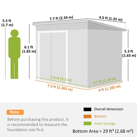 Outsunny 7.5 x 4.3ft Metal Garden Storage Shed, Waterproof Outdoor Shed with Triple Lockable Door, Gloves, Vents, Dark Grey