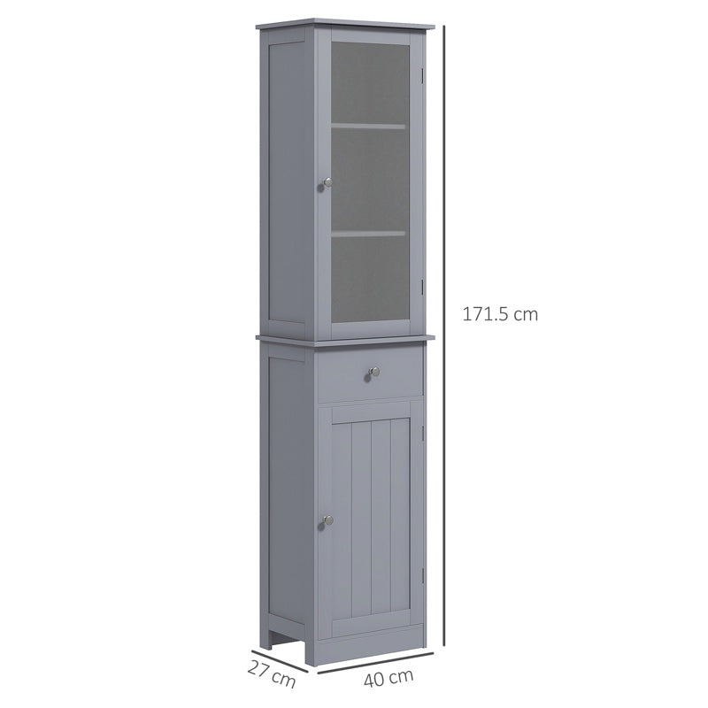 kleankin Bathroom Storage Cabinet with 3-tier Shelf Drawer Door, Floor Cabinet Free Standing Tall Slim Side Organizer Shelves, Grey