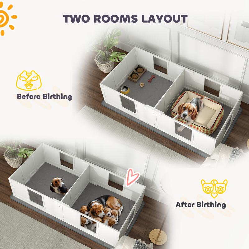 PawHut Two Room Design, Whelping Box for Dogs with Whelping Pad, Clear Panels, Adjustable Entrance, for Medium Dogs, 196 x 96cm