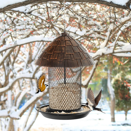 Squirrel-proof Metal Wild Bird Feeder with Perch and Drain Holes