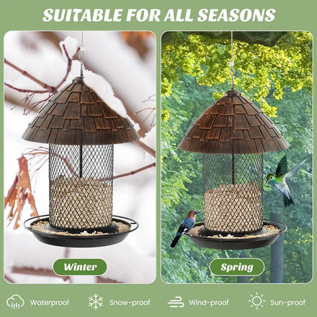 Squirrel-proof Metal Wild Bird Feeder with Perch and Drain Holes