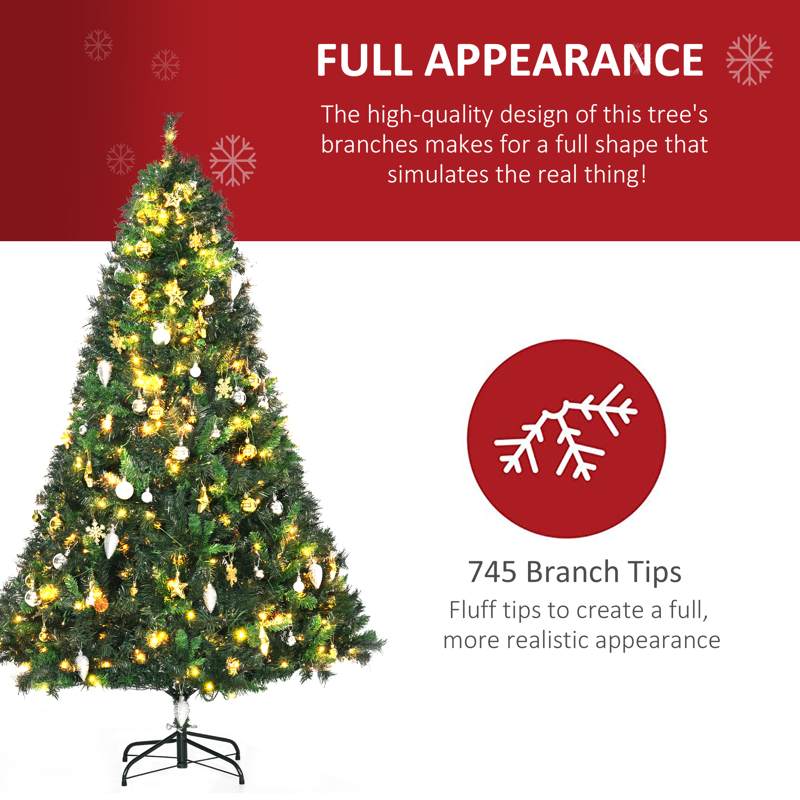 HOMCOM 1.8m 6ft Pre-Lit Artificial Christmas Tree 200 LED Xmas Tree Holiday Décor with Decorative Balls Ornament Metal Stand