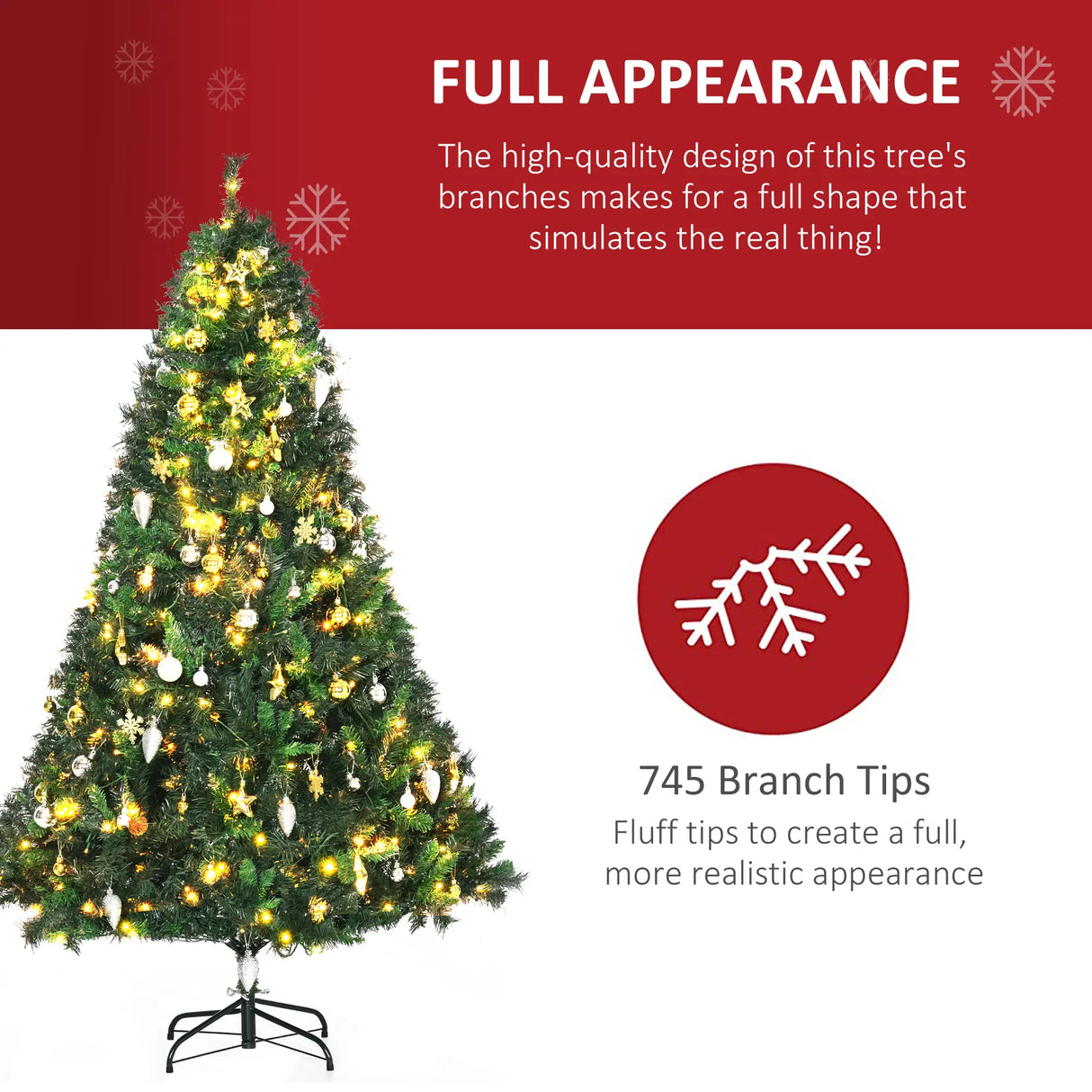 HOMCOM 1.8m 6ft Pre-Lit Artificial Christmas Tree 200 LED Xmas Tree Holiday Dcor with Decorative Balls Ornament Metal Stand
