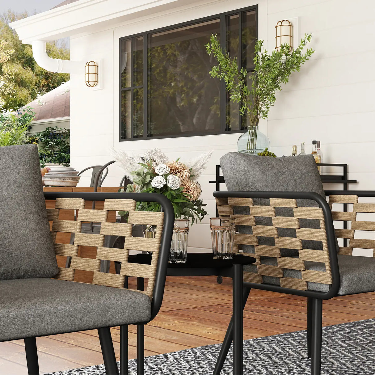 Outsunny 3 Pieces Rattan Bistro Set with Washable Seat and Back Cushions, Glass Top Coffee Table, for Outdoor, Patio, Black