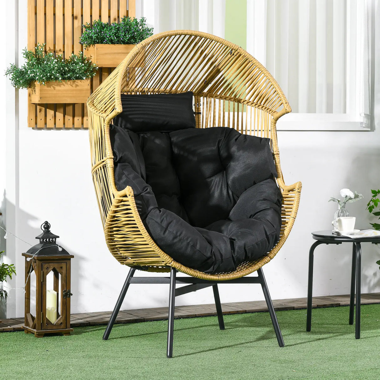 Outsunny String Rattan Egg Chair, with Padded Seat Cushion - Sand/Black