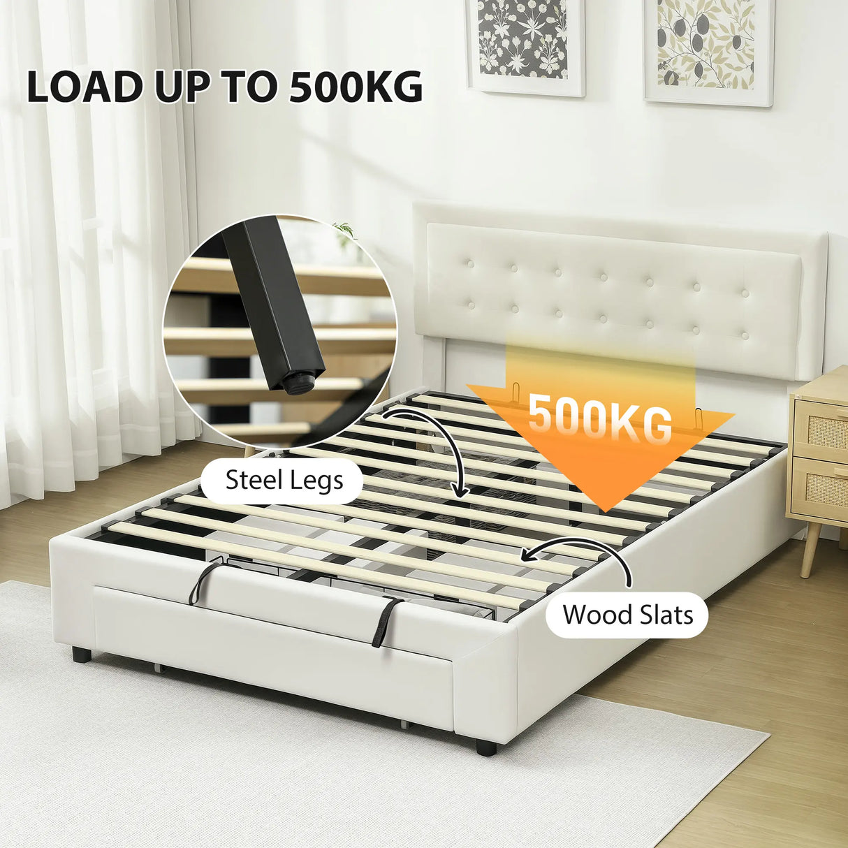 HOMCOM Double Ottoman Bed Frame, with Front Drawer - Cream