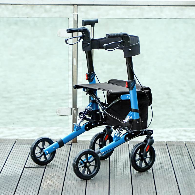 HOMCOM Folding Rollator Walker with Seat, Backrest, Lightweight Walking Frame with Storage Bag, Dual Brakes, Adjustable Handle Height, Suspension System, 4 Wheeled Walker for Seniors, Blue