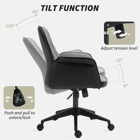 HOMCOM Home Office Chair, Upholstered Linen Desk Chair with Adjustable Height and Tilt Function, Swivel Chair for Home Office and Study Room, Grey