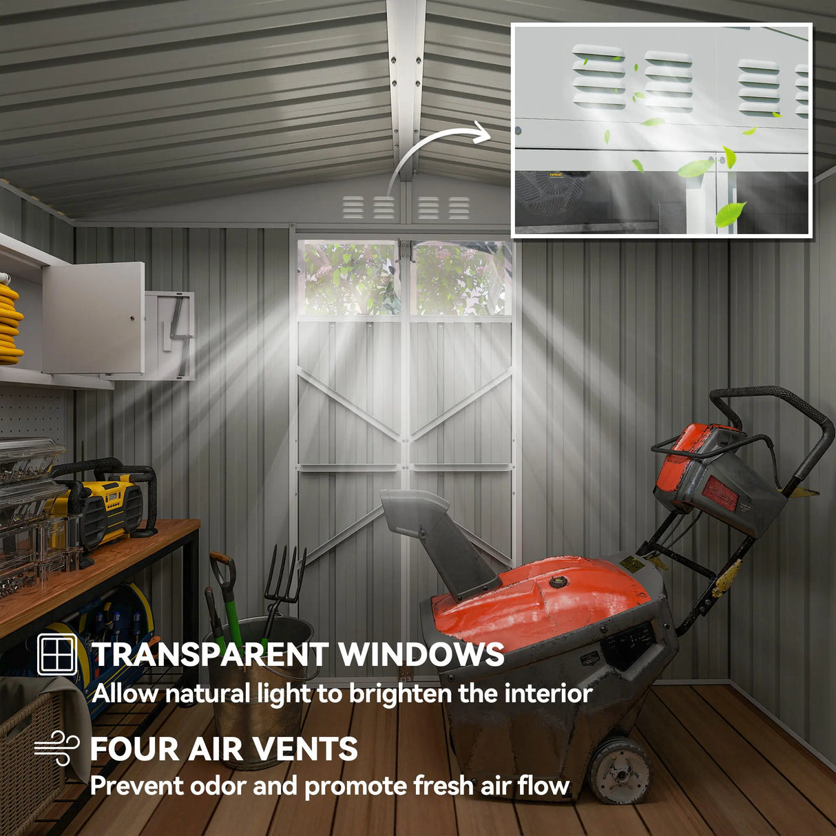 Outsunny 8 x 4 ft Metal Garden Shed, Garden Storage Shed with Window, 4 Vents and Lockable Door, Waterproof Galvanised Steel Tool Storage Shed, Light Grey