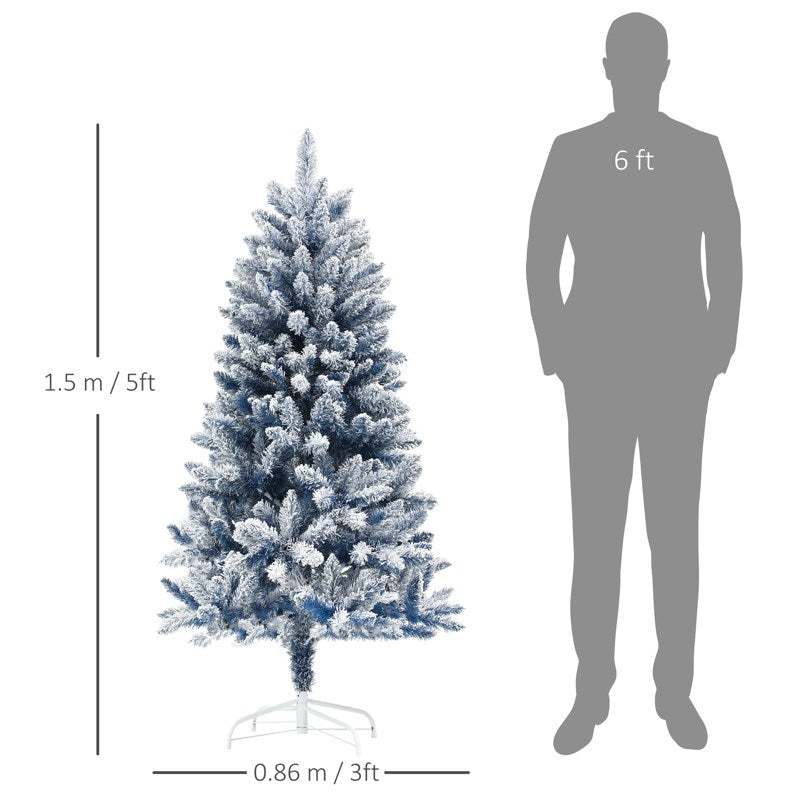 HOMCOM 5ft Flocked Artificial Christmas Tree with 450 Snow Frosted Tips, Metal Stand, Snowy Hinged Xmas Tree, Blue