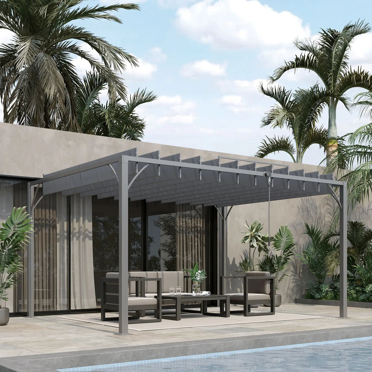 Outsunny 4 x 3(m) Outdoor Pergola with Retractable Roof, Aluminium Louvered Patio Gazebo Canopy for Lawn Garden Patio, Grey