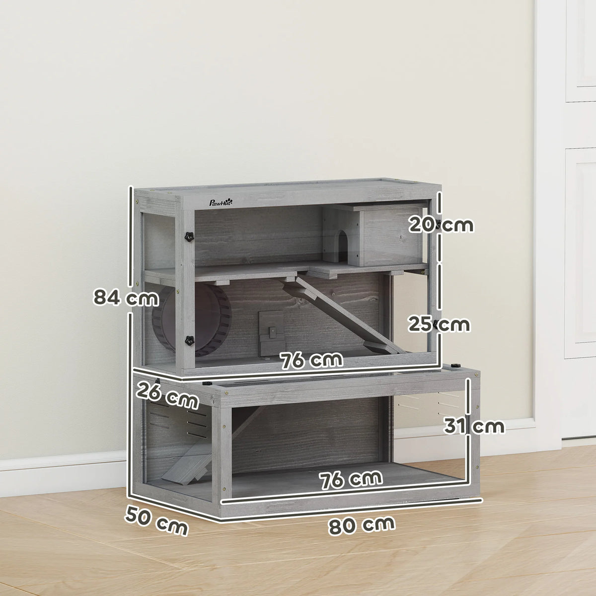 PawHut Wooden Hamster Cage with Hut, Wheel, Ramps, Removable Viewing Panels, 80 x 50 x 84 cm, Grey