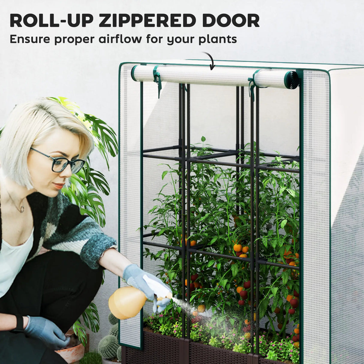 Outsunny Raised Garden Bed with Trellis, Plastic Planter Box with PE Cover, Drainage Holes, Drain Plugs and Water Reservoirs for Climbing Plants, Vegetables, Flowers, 120 x 40 x 140 cm