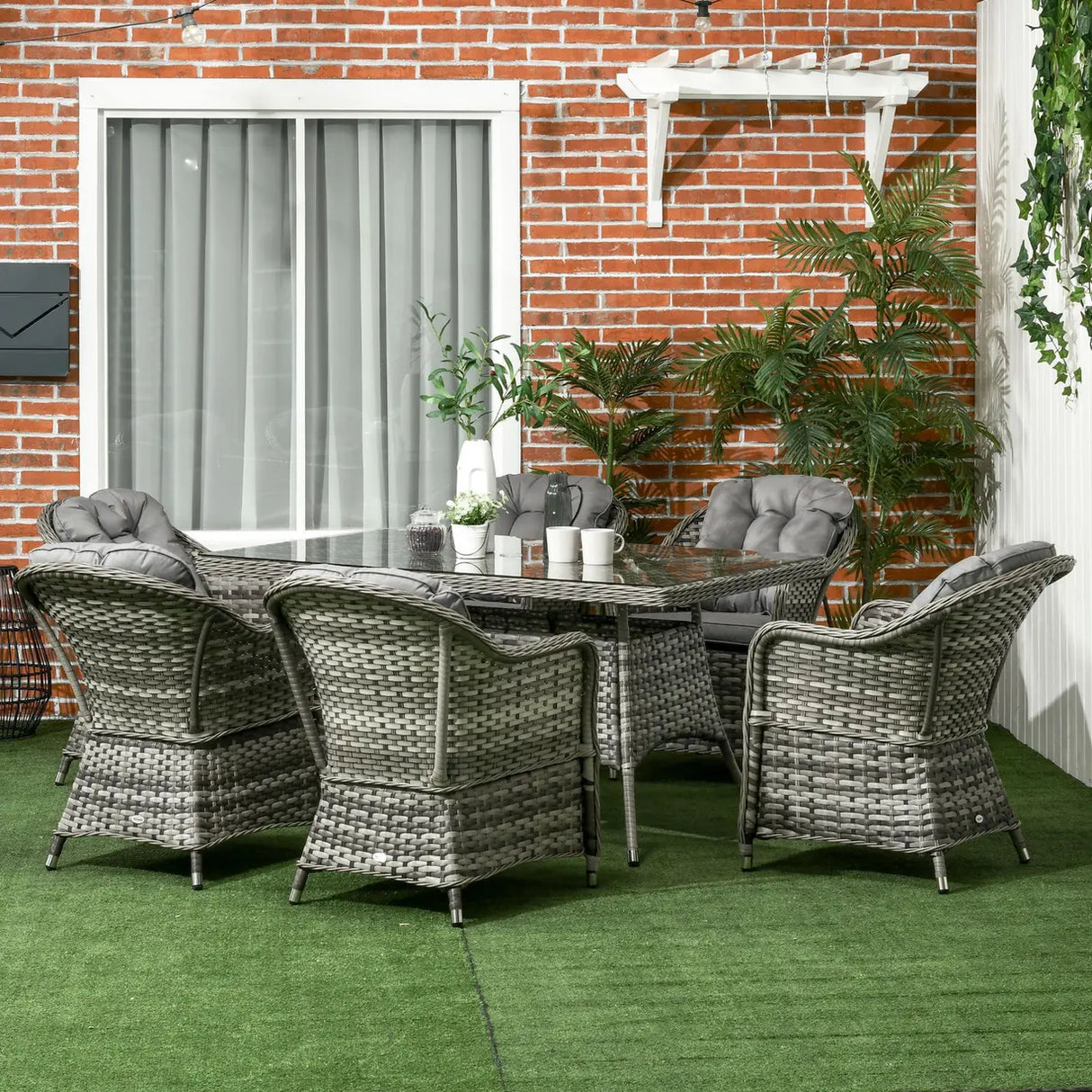 Outsunny Seven-Piece Rattan Dining Set - Grey