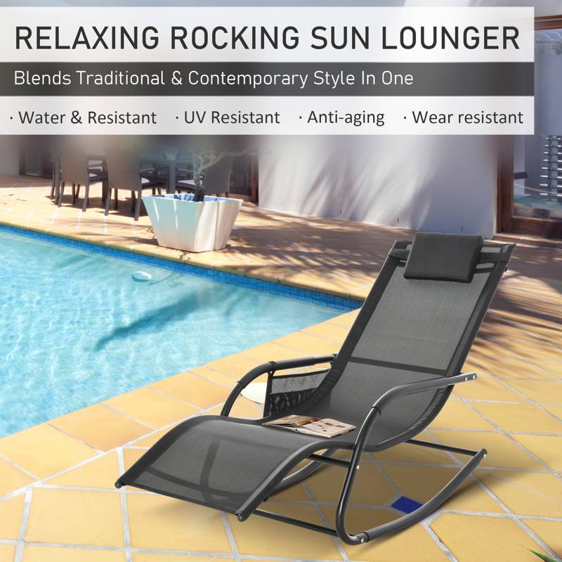 Outsunny 2PCs Outdoor Garden Rocking Chair, Patio Sun Lounger Rocker Chair with Breathable Mesh Fabric, Removable Headrest Pillow, Armrest, Side Storage Bag, Black