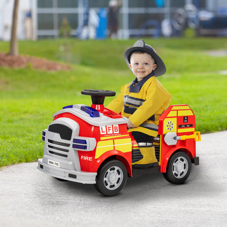 AIYAPLAY Ride On Fire Truck, 12V Kids Electric Car with Siren, Flashing Lights, Firefighting Tools, Music, Horn, Slow Start, Red