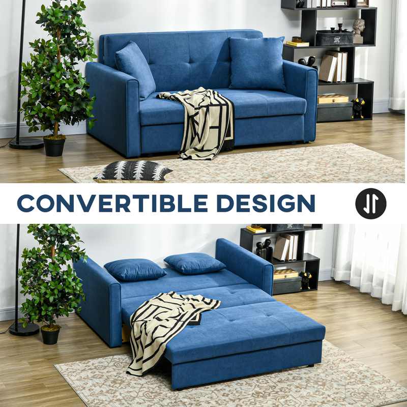 HOMCOM 2 Seater Sofa Bed, Convertible Bed Settee, Modern Fabric Loveseat Sofa Couch with 2 Cushions, Hidden Storage for Living Room, Guest Room, Deep Blue