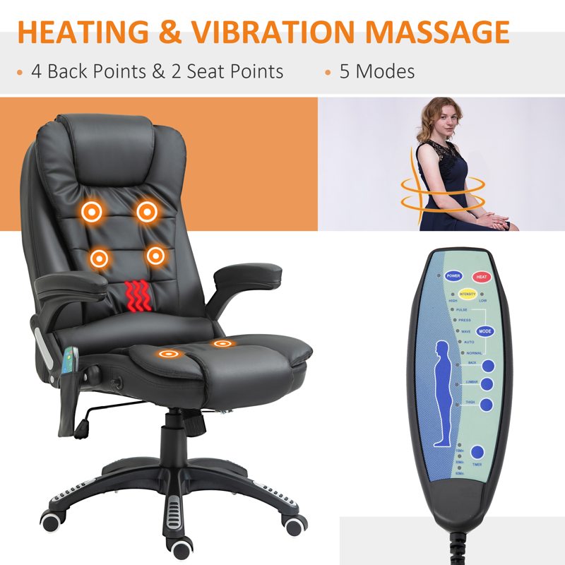 HOMCOM 6-Point Massage Office Chair with Seat Heated for Home Office, PU Leather High Back Executive Desk Chair with Adjustable Height and 360 Swivel for Work Study, Black