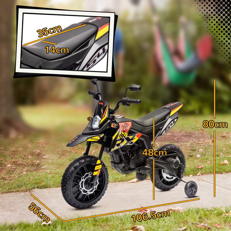 AIYAPLAY 12V Aprilia Licenced Kids Motorbike with Training Wheels, Spring Suspension, LED Light, USB, Music, Yellow