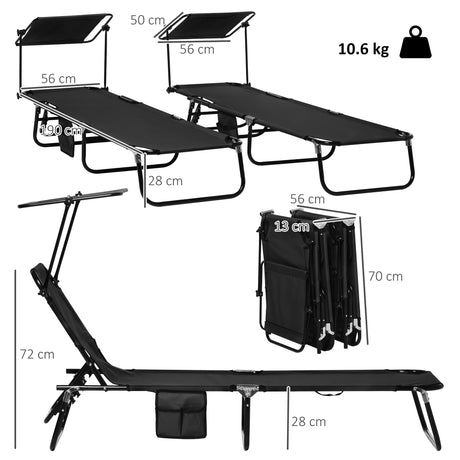 Outsunny Set of Two Folding Sun Loungers, with Adjustable Backs and Sun Canopies - Black