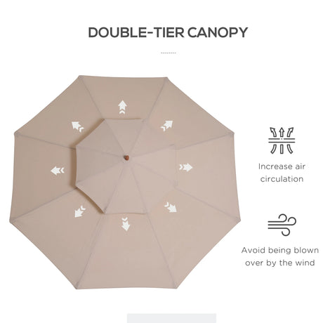 Outsunny 2.7m Wooden Parasol Elegant Two-Tier Design Garden Parasol Umbralle for Outdoor Shade, Beige