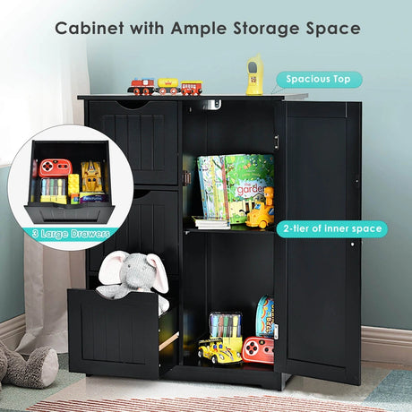 Bathroom Floor Cabinet Side Storage Cabinet with 3 Drawers and 1 Cupboard-Black