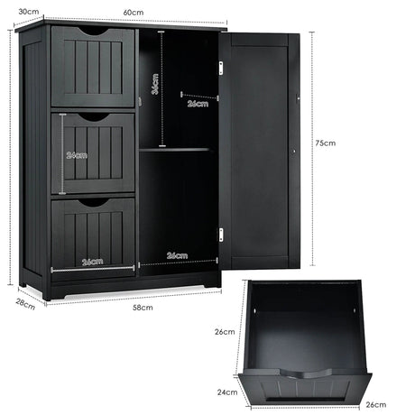 Bathroom Floor Cabinet Side Storage Cabinet with 3 Drawers and 1 Cupboard-Black