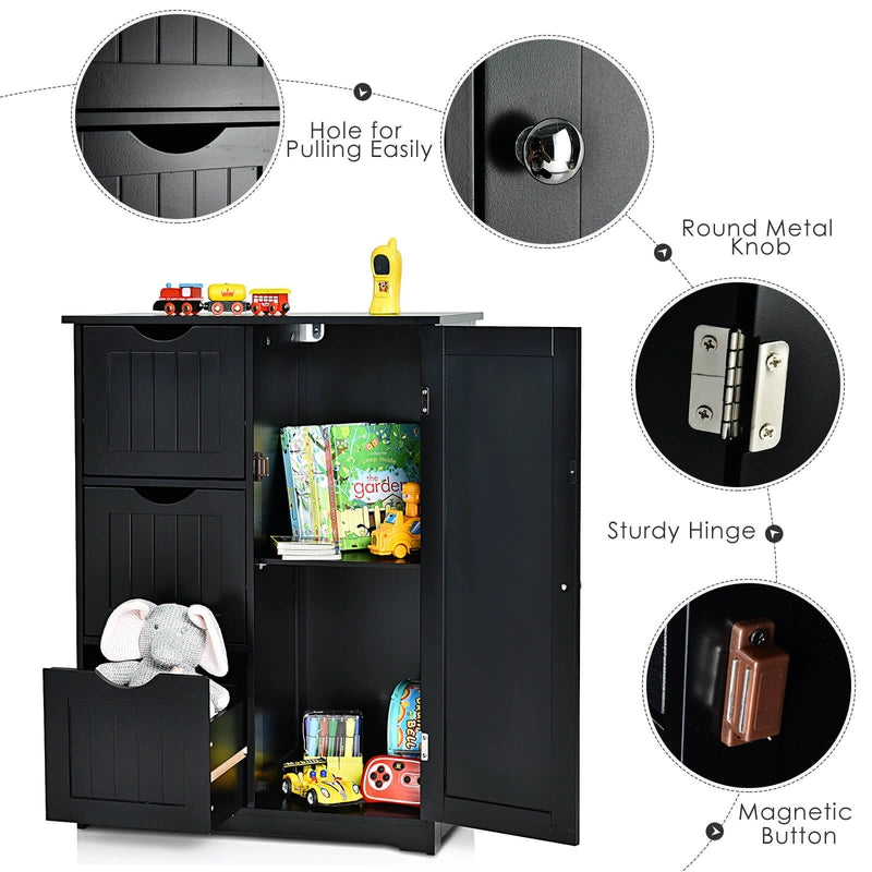 Bathroom Floor Cabinet Side Storage Cabinet with 3 Drawers and 1 Cupboard-Black