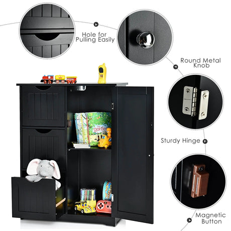 Bathroom Floor Cabinet Side Storage Cabinet with 3 Drawers and 1 Cupboard-Black