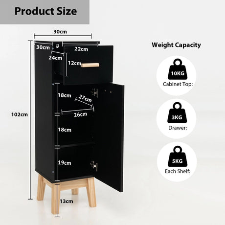 Waterproof Bathroom Cabinet with Adjustable Shelves and Sliding Drawer-Black