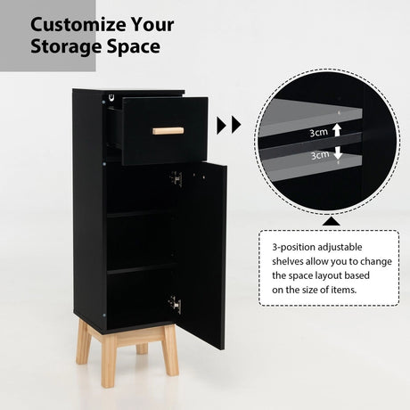 Waterproof Bathroom Cabinet with Adjustable Shelves and Sliding Drawer-Black