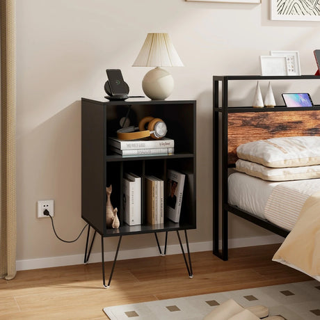 3-Tier Record Player Stand with Charging Station Shelf and 4 Dividers-Black