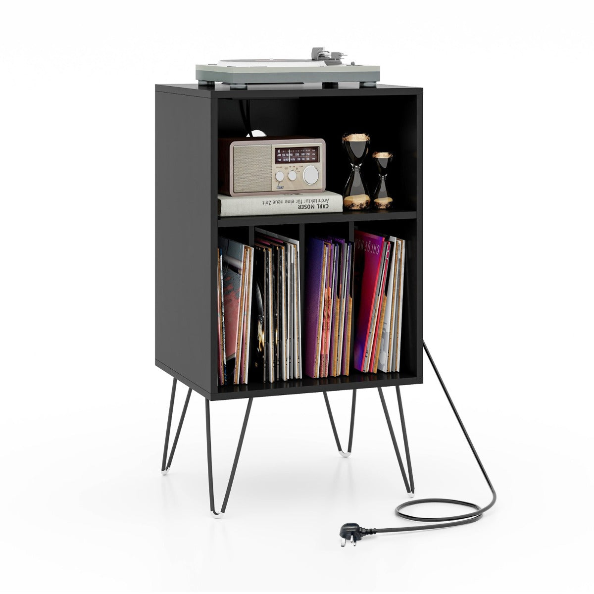 3-Tier Record Player Stand with Charging Station Shelf and 4 Dividers-Black