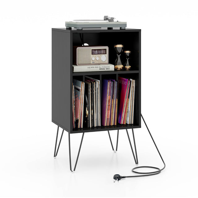 3-Tier Record Player Stand with Charging Station Shelf and 4 Dividers-Black