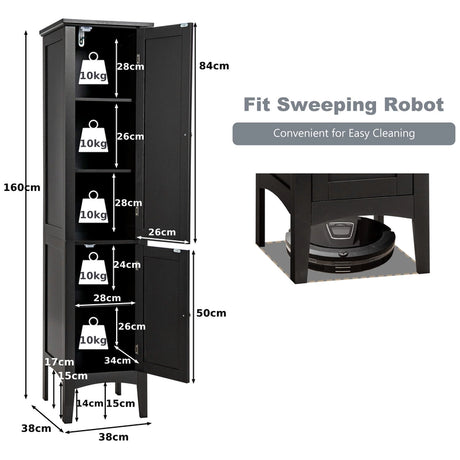 2-Door 160cm High Freestanding Bathroom Cabinet with 5-Tier Shelves-Black