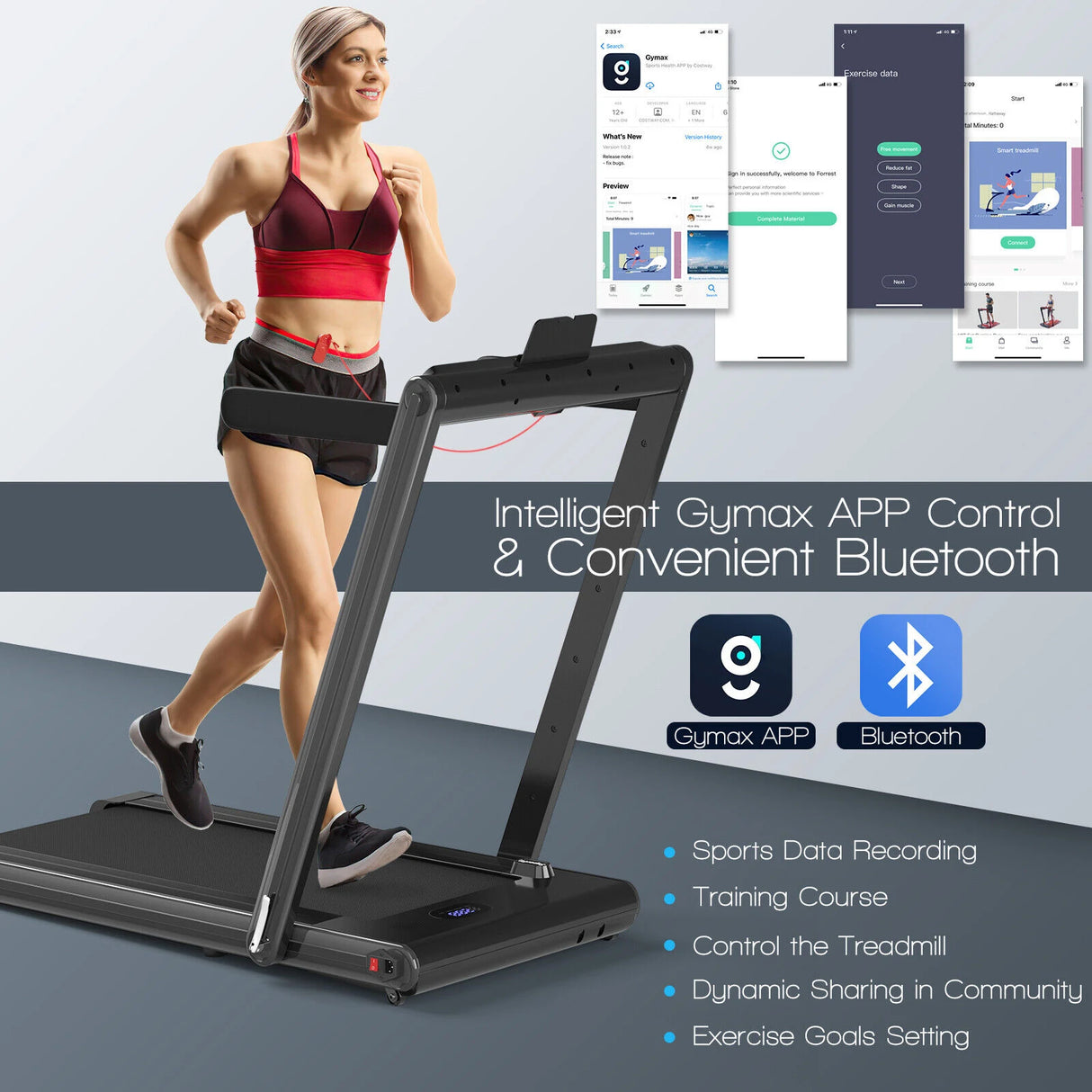2-in-1 Folding Under Desk Treadmill with Dual LED Display-Black