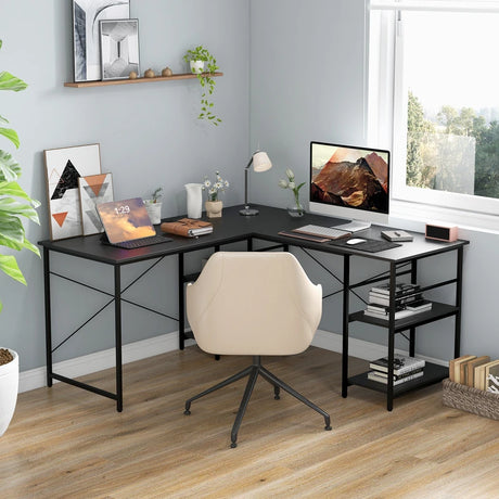 151CM Convertible L-shaped Computer Desk with 4 Storage Shelves for Home Office-Black